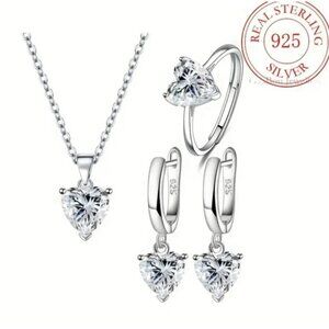 925 Sterling Silver Romantic Heart-Shaped Cubic Zirconia Necklace, Ring, And Ear